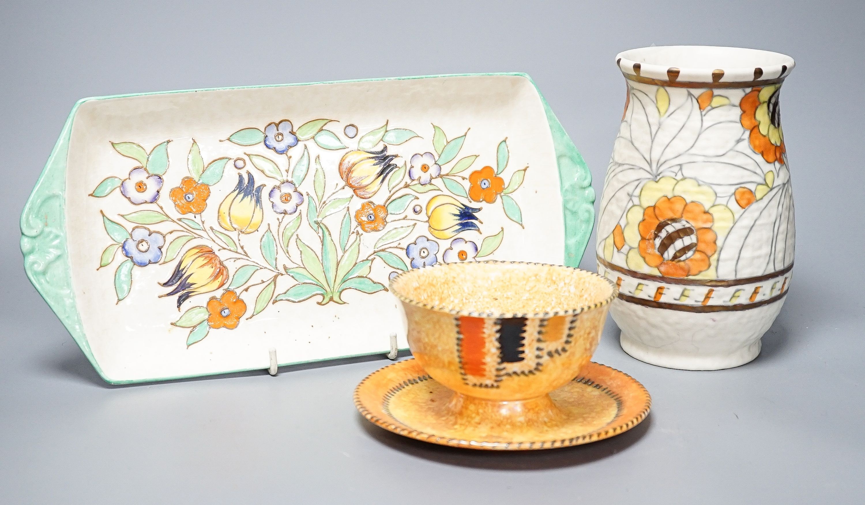 A Charlotte Rhead sandwich tray, patch-pattern dish and a Persian Rose pattern vase, latter 17cm